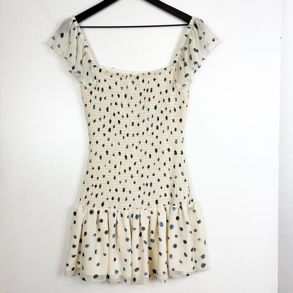 Wilfred Aritzia Eldorado Mini Dress Smocked Cream Navy Polka Dots - S - Picture 8 of 11